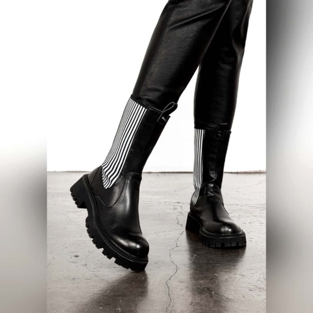 Disturbia Black Chelsea Boots with Black & White Stripe Panel